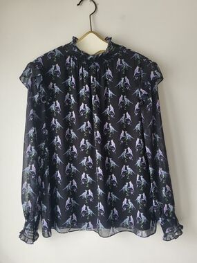 Ted Baker Black Sheer Blouse with Purple and Blue Bird Print